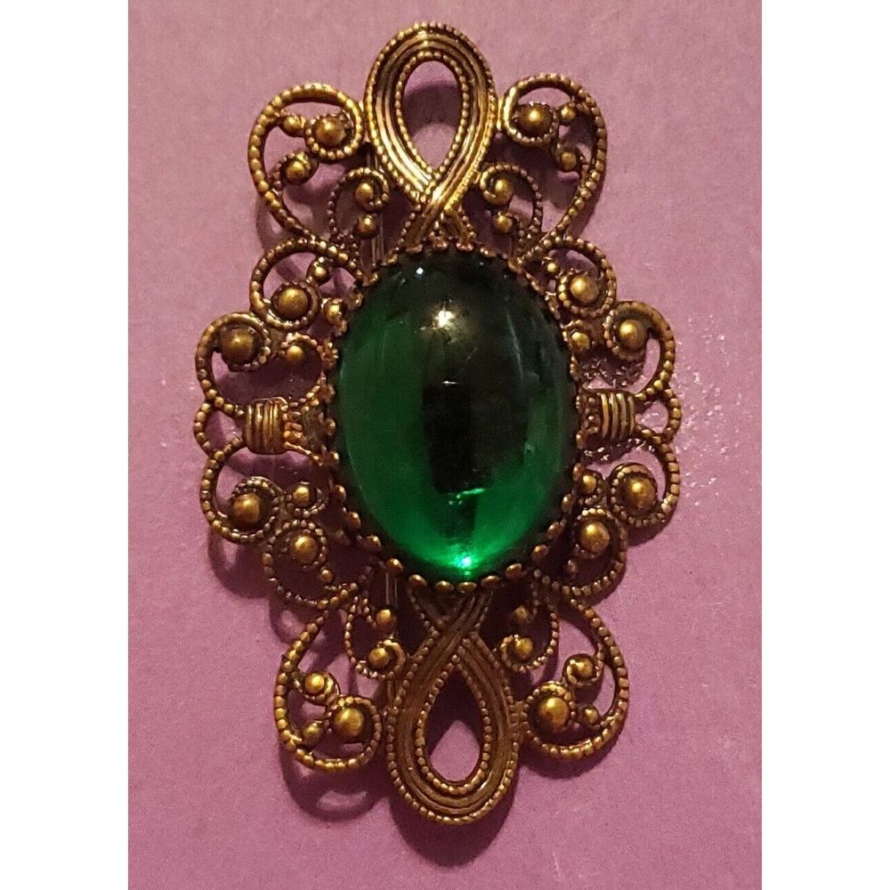 vintage green glass and bronze brooch